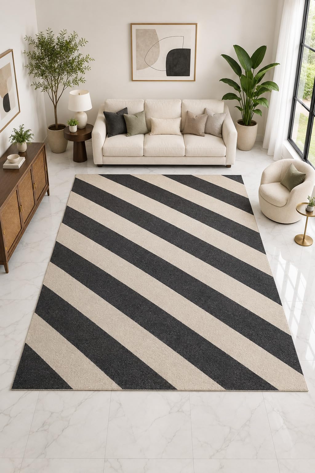 ICE ARMOR "Ultra Light Weight Large 6'7" x 9'10" Diagonal Stripe Rug, Soft Low Pile Indoor Rug, Non-Slip Silicone Backing Living Room Black