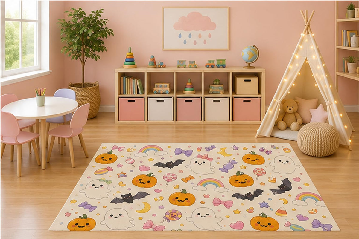 ICE ARMOR 5' x 7' Cute Halloween Ghost and Pumpkin Pattern Kids Area Rug, Kawaii Candy Rainbow Bats Cartoon Playroom Nursery Bedroom Decor, Non-Slip Silicone Backing Low Pile