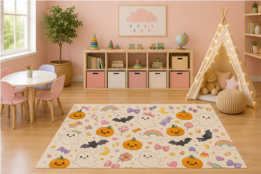 ICE ARMOR 5' x 7' Cute Halloween Ghost and Pumpkin Pattern Kids Area Rug, Kawaii Candy Rainbow Bats Cartoon Playroom Nursery Bedroom Decor, Non-Slip Silicone Backing Low Pile