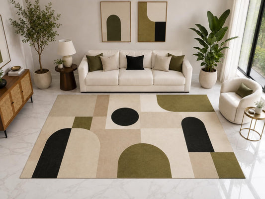 ICE ARMOR Large 6'7" x 9'10" Modern Geometric Area Rug, Soft Low Pile Indoor Rug with Non-Slip Silicone Backing for Living Room Office, Beige Gray