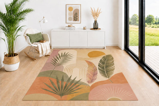 ICE ARMOR 5' x 7' Moon Arch Area Rug, Boho Celestial Leaf Design in Sage Green Mustard Terracotta Beige Earth Tone Colors, Neutral Floor Carpet for Living Room Bedroom Nursery Office Decor