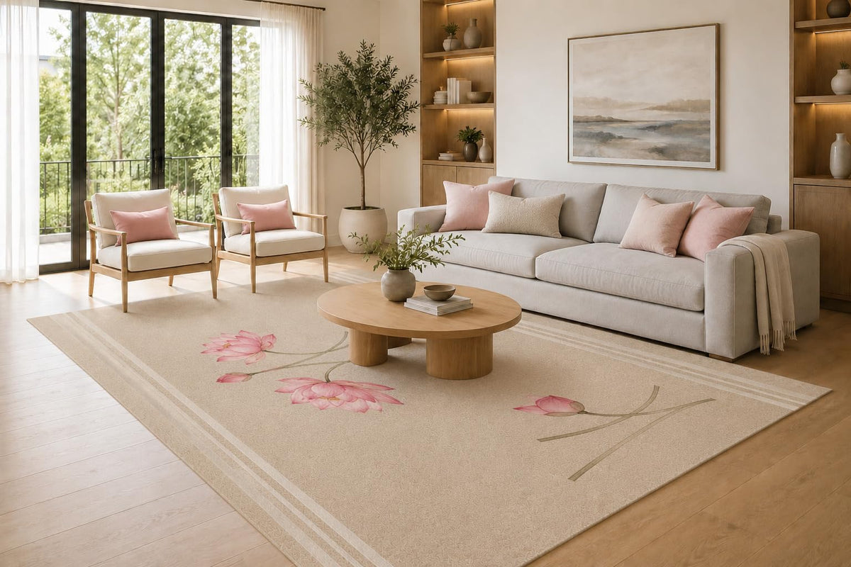 ICE ARMOR Large 6'7" x 9'10" Beige and Pink Scattered Lotus Flower Area Rug for Living Room, Soft Low Pile Carpet with Non-Slip Silicone Backing, Decor for Bedroom and Dining Area