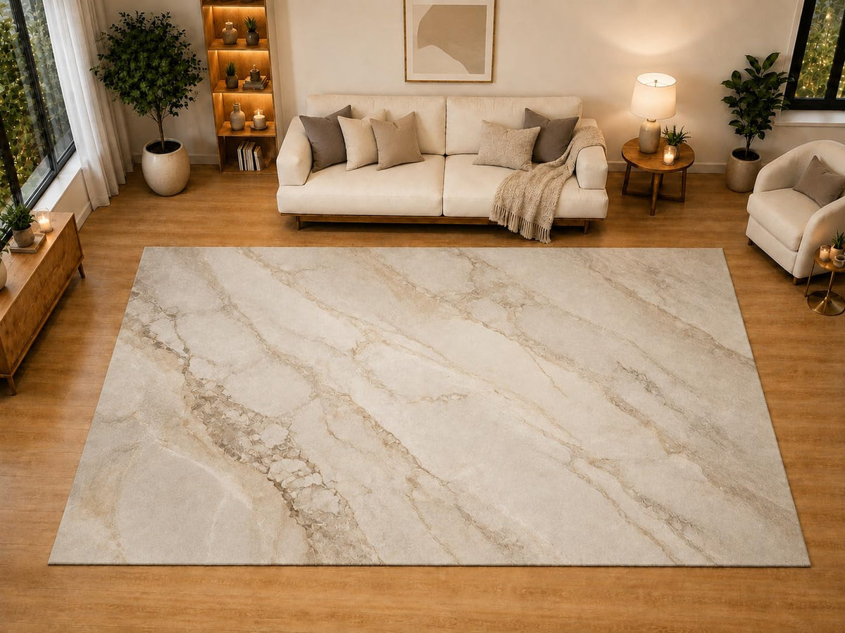 ICE ARMOR "Ultra Light Weight Large 6'7" x 9'10" Marble Stone Texture Area Rug for Living Room, Bedroom, Dining Room, Soft Low Pile Non-Slip Backing, Cream Beige