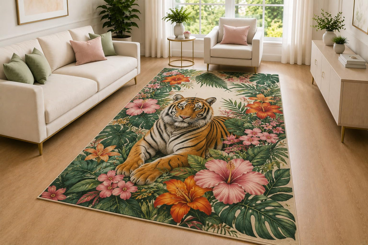 ICE ARMOR 5' x 7' Tiger Tropical Blossom Area Rug for Living Room, Soft Low Pile Indoor Rug with Non-Slip Silicone Backing, Floral Wildlife Carpet for Bedroom, Office, Family Room, Orange Green Pink