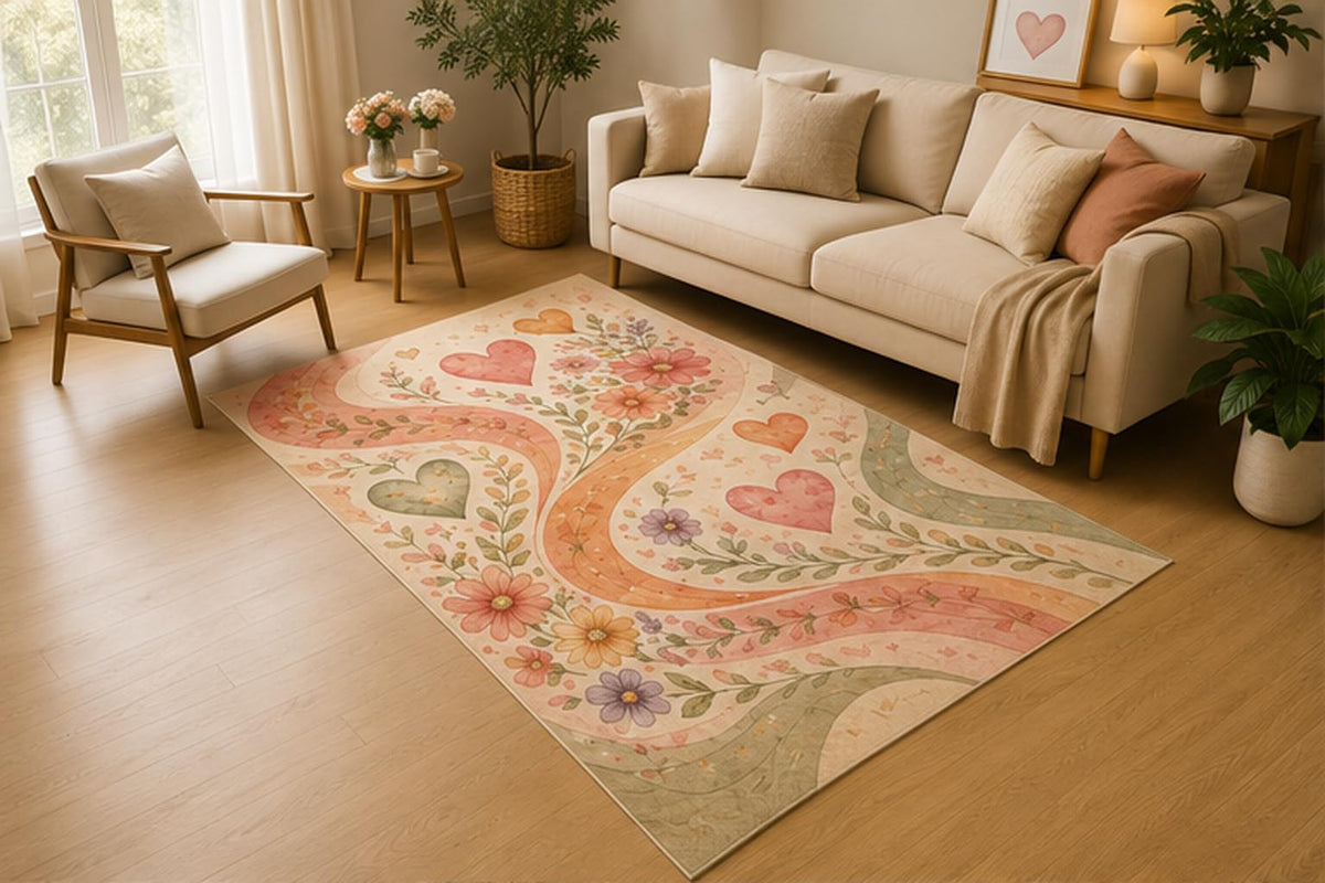 ICE ARMOR 5' x 7' Flowing Heart Floral Garden Area Rug, Soft Low Pile Indoor Rug with Non-Slip Silicone Backing for Living Room, Bedroom, Office, Family Room, Pink Green Peach