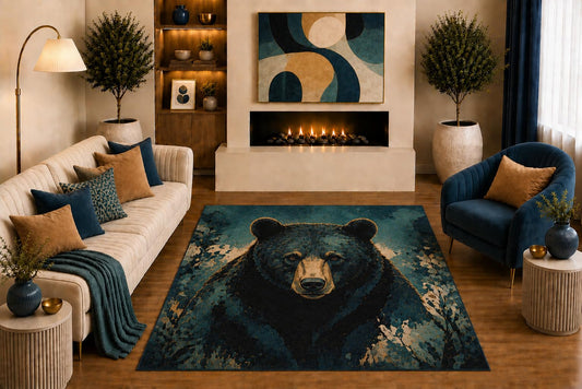 ICE ARMOR "Ultra Light Weight 5' x 7' Black Bear Area Rug Modern Wildlife Portrait Art in Teal Navy Beige for Living Room Bedroom Cabin Lodge Non-Slip Silicone Backing Low Pile