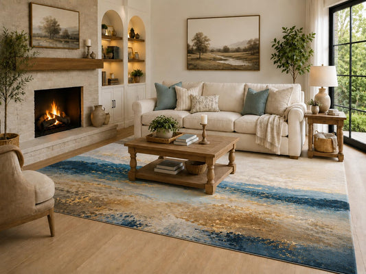 ICE ARMOR 6'7" x 9'10" Blue, Gray and Beige Coastal Brushstroke Flow Area Rug for Living Room, Soft Low Pile with Non-Slip Backing, Bedroom, Dining Area and Office Decor