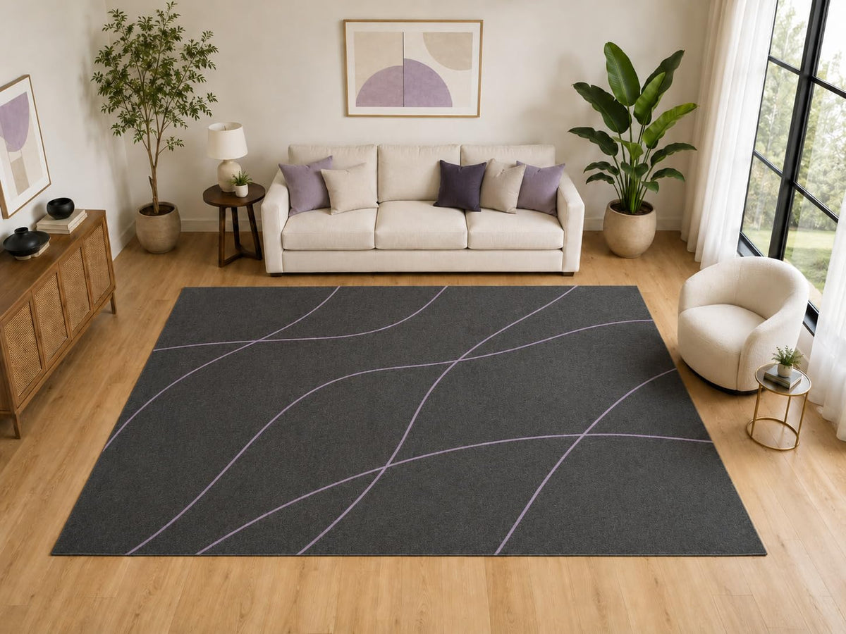 ICE ARMOR Large 6'7" x 9'10" Minimal Curved Line Area Rug for for Bedroom, Living Room, Soft Low Pile Indoor Rug with Non-Slip Silicone Backing, Charcoal Lavender