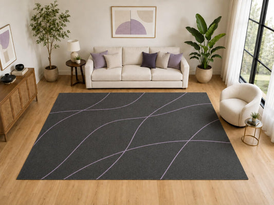 ICE ARMOR Large 6'7" x 9'10" Minimal Curved Line Area Rug for for Bedroom, Living Room, Soft Low Pile Indoor Rug with Non-Slip Silicone Backing, Charcoal Lavender
