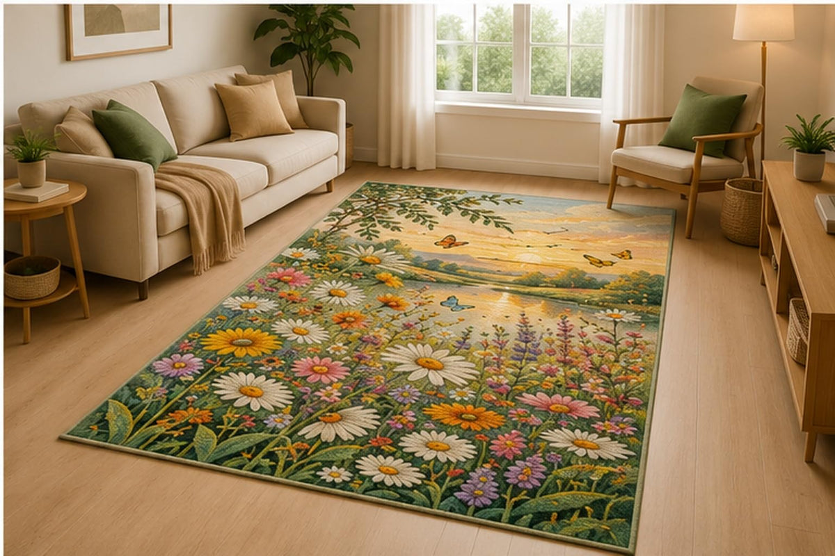 ICE ARMOR 5' x 7' Sunset Wildflower Meadow Area Rug for Living Room, Soft Low Pile Indoor Rug with Non-Slip Silicone Backing, Bedroom, Office, Family Room, Cream Green