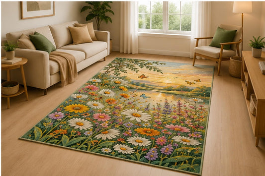 ICE ARMOR 5' x 7' Sunset Wildflower Meadow Area Rug for Living Room, Soft Low Pile Indoor Rug with Non-Slip Silicone Backing, Bedroom, Office, Family Room, Cream Green