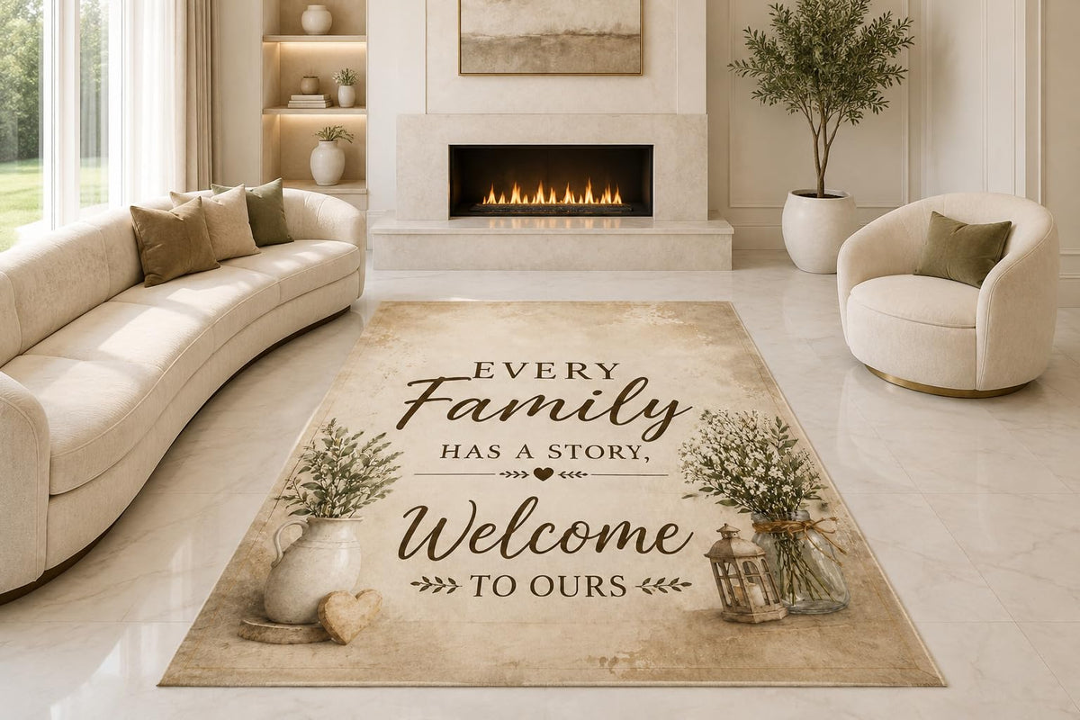 ICE ARMOR "Ultra Lightweight Large 6'7" x 9'10" Family Welcome Quote Area Rug for Living Room, Bedroom and Home Office, Soft Low Pile Carpet with Non-Slip Silicone Backing, Beige and Brown