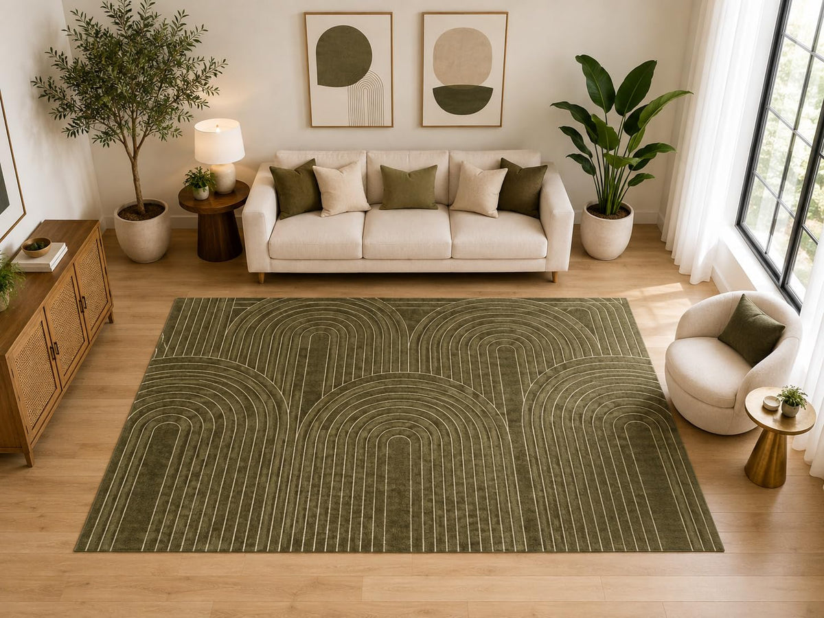ICE ARMOR Large 6'7" x 9'10" Mid Century Linear Arch Area Rug for for Bedroom, Living Room, Soft Low Pile Indoor Rug with Non-Slip Silicone Backing, Olive Ivory