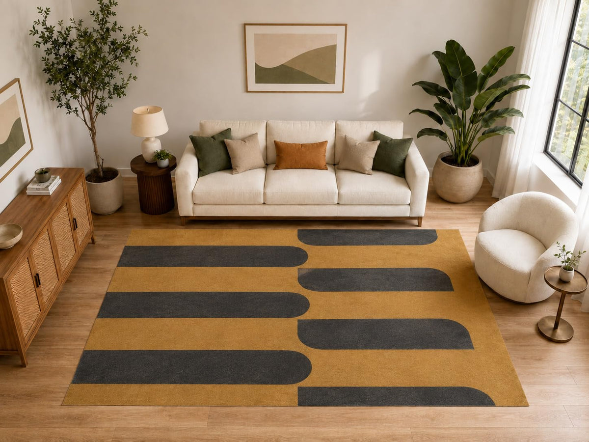 ICE ARMOR Large 6'7" x 9'10" Rounded Horizontal Bar Area Rug for for Bedroom, Living Room, Soft Low Pile Indoor Rug with Non-Slip Silicone Backing, Mustard Charcoal