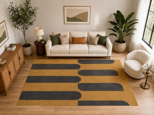 ICE ARMOR Large 6'7" x 9'10" Rounded Horizontal Bar Area Rug for for Bedroom, Living Room, Soft Low Pile Indoor Rug with Non-Slip Silicone Backing, Mustard Charcoal