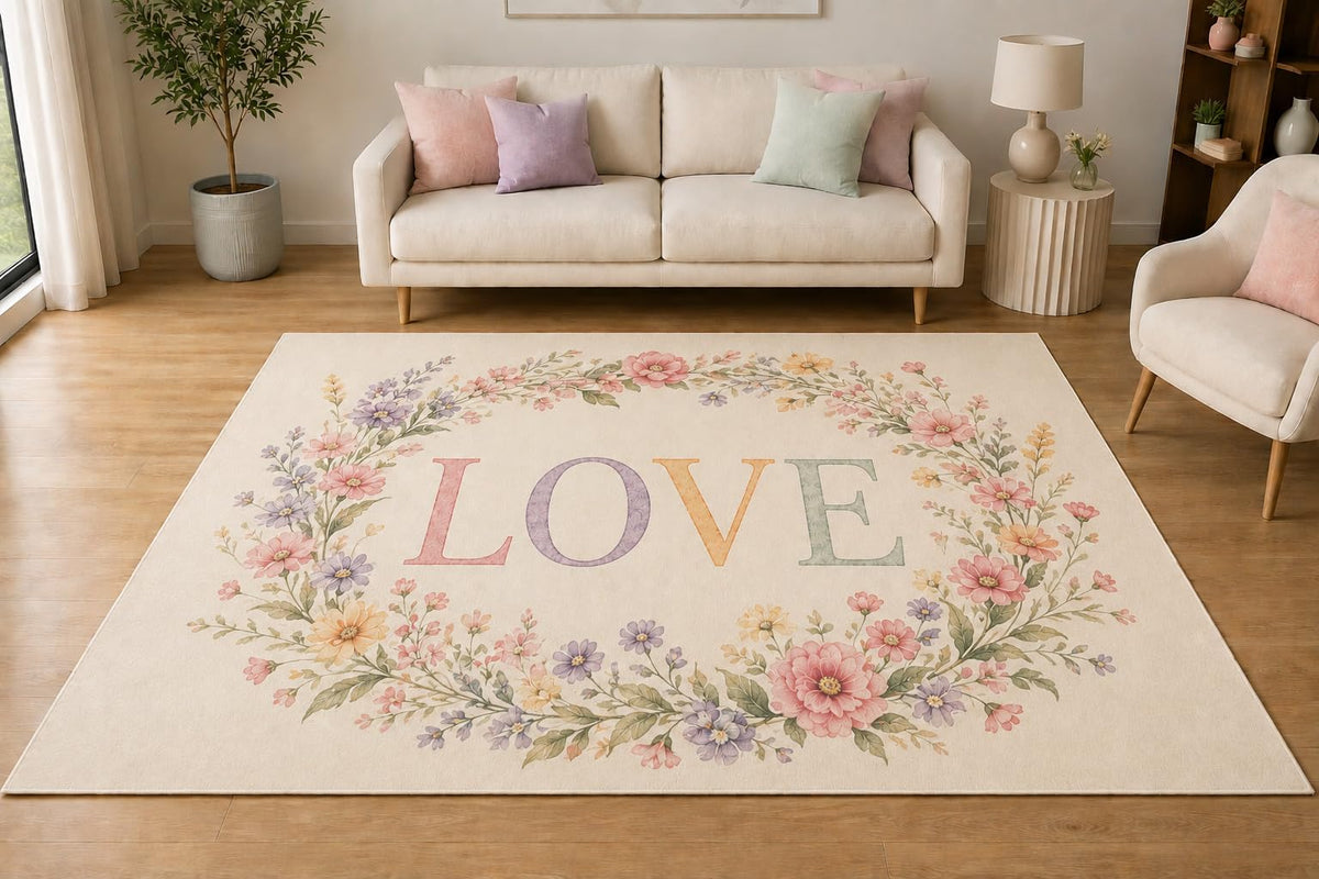 ICE ARMOR 5' x 7' Floral Wreath Love Area Rug, Soft Low Pile Indoor Rug with Non-Slip Silicone Backing for Living Room, Bedroom, Dining Room, Family Room, Cream Pink Lavender