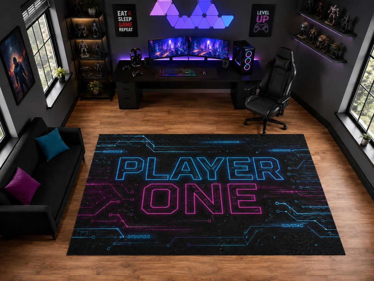 ICE ARMOR "Ultra Light Weight Large 6'7" x 9'10" Player One Neon Circuit Area Rug for Playroom Decor, Soft Low Pile Indoor Rug with Non-Slip Silicone Backing, Black Blue Pink