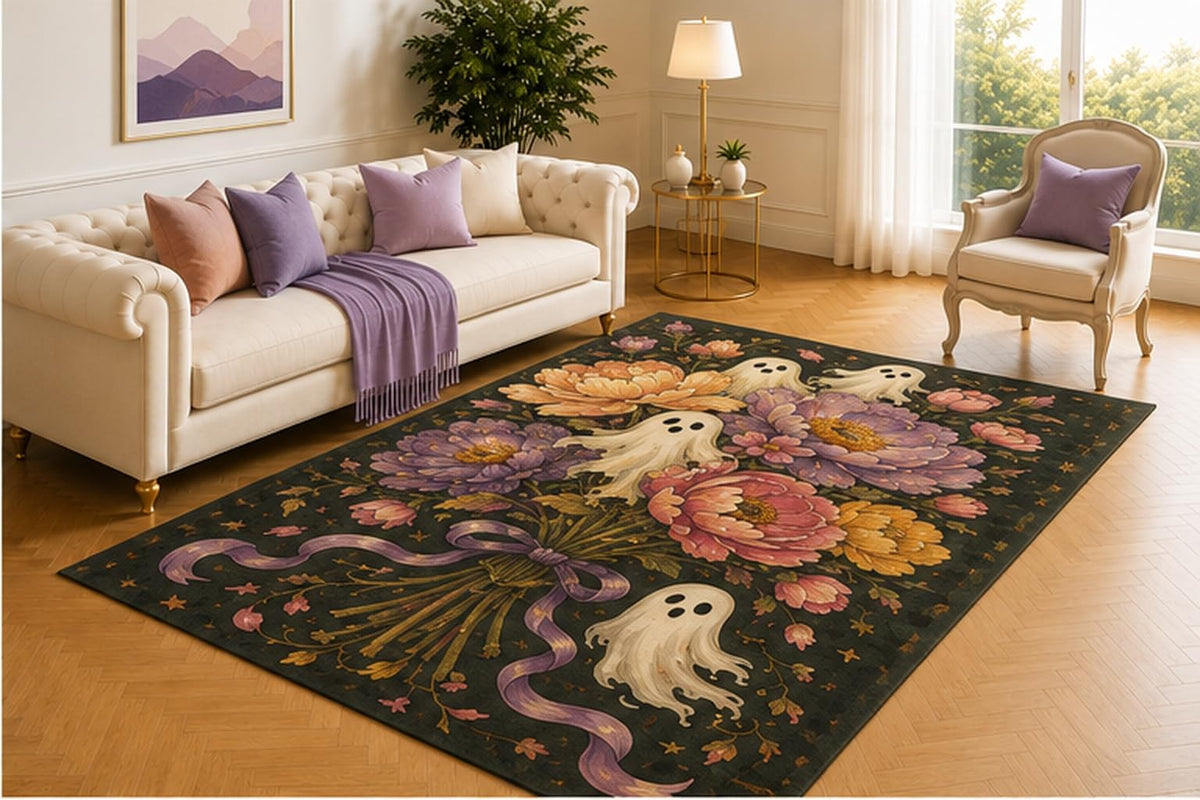 ICE ARMOR 5' x 7' Ghost Peony Bouquet Rug, Charcoal Floral Design with Floating Spirits and Ribbon Tied Blooms, Gothic Floor Accent for Bedroom, Lounge or Reading Room