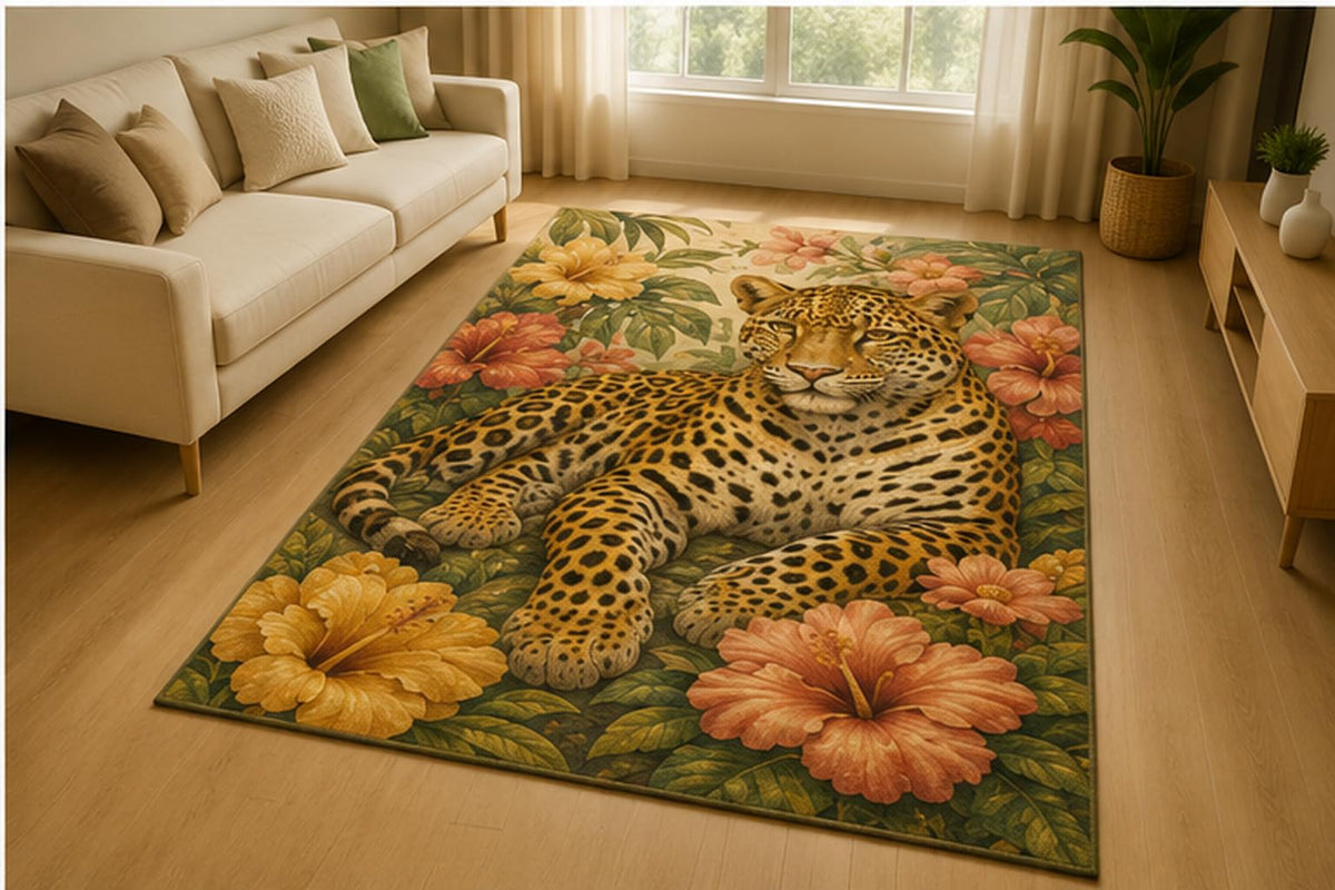 ICE ARMOR 5' x 7' Leopard Tropical Hibiscus Area Rug for Living Room, Soft Low Pile Indoor Rug with Non-Slip Silicone Backing, Jungle Wildlife Decor for Bedroom, Office, Family Room, Kids & Pets