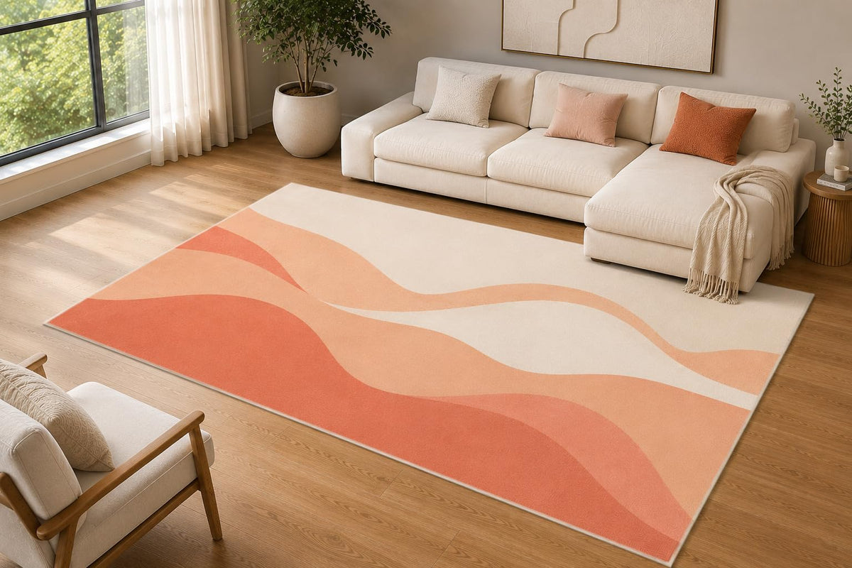ICE ARMOR 5' x 7' Modern Flowing Wave Area Rug for Living Room, Soft Low Pile Indoor Rug with Non-Slip Silicone Backing, Decorative Carpet for Bedroom, Office, Family Room, Coral