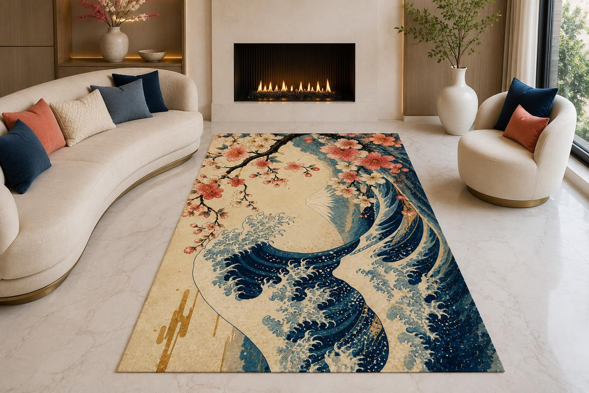 ICE ARMOR "Ultra Lightweight Large 6'7" x 9'10" Cherry Blossom Waves Area Rug for Living Room, Bedroom and Home Office, Soft Low Pile Carpet with Non-Slip Silicone Backing, Blue and Pink