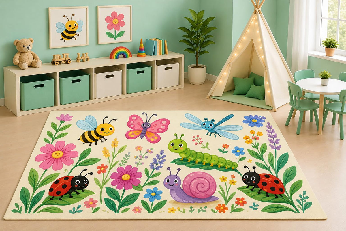 ICE Armor 5' x 7' Garden Friends Area Rug for Kids Playroom Nursery Bedroom, Cute Ladybugs Bees Butterflies Dragonflies Snail Caterpillar Wildflower Meadow Cartoon, Non-Slip Silicone Backing Low Pile