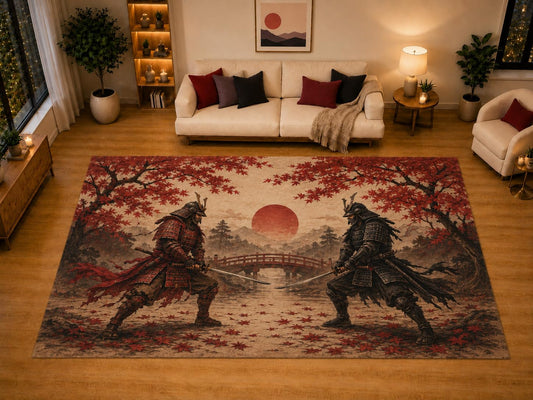 ICE ARMOR "Ultra Light Weight Large 6'7" x 9'10" Sword Duel Area Rug for Living Room Bedroom Dining Area, Soft Low Pile Non-Slip Backing, Beige Red Black Japanese Inspired Decor