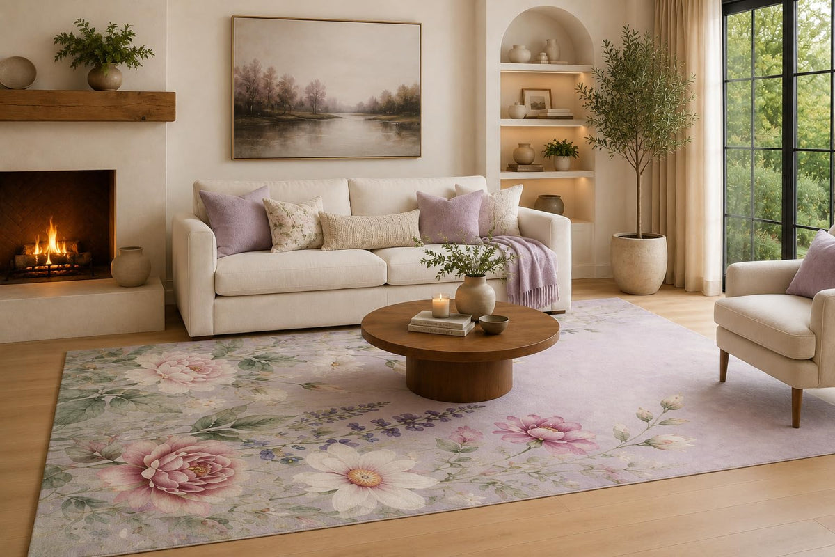 ICE ARMOR Large 6'7" x 9'10" Lavender and Sage Green Garden Bloom Meadow Area Rug for Living Room, Soft Low Pile Carpet with Non-Slip Silicone Backing, Decor for Bedroom and Home Office