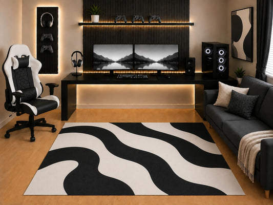 ICE ARMOR "Ultra Light Weight 5' x 7' Black White Wavy Area Rug Modern Abstract Organic Curve Design for Bedroom Gaming Room Living Room Non-Slip Silicone Backing Low Pile