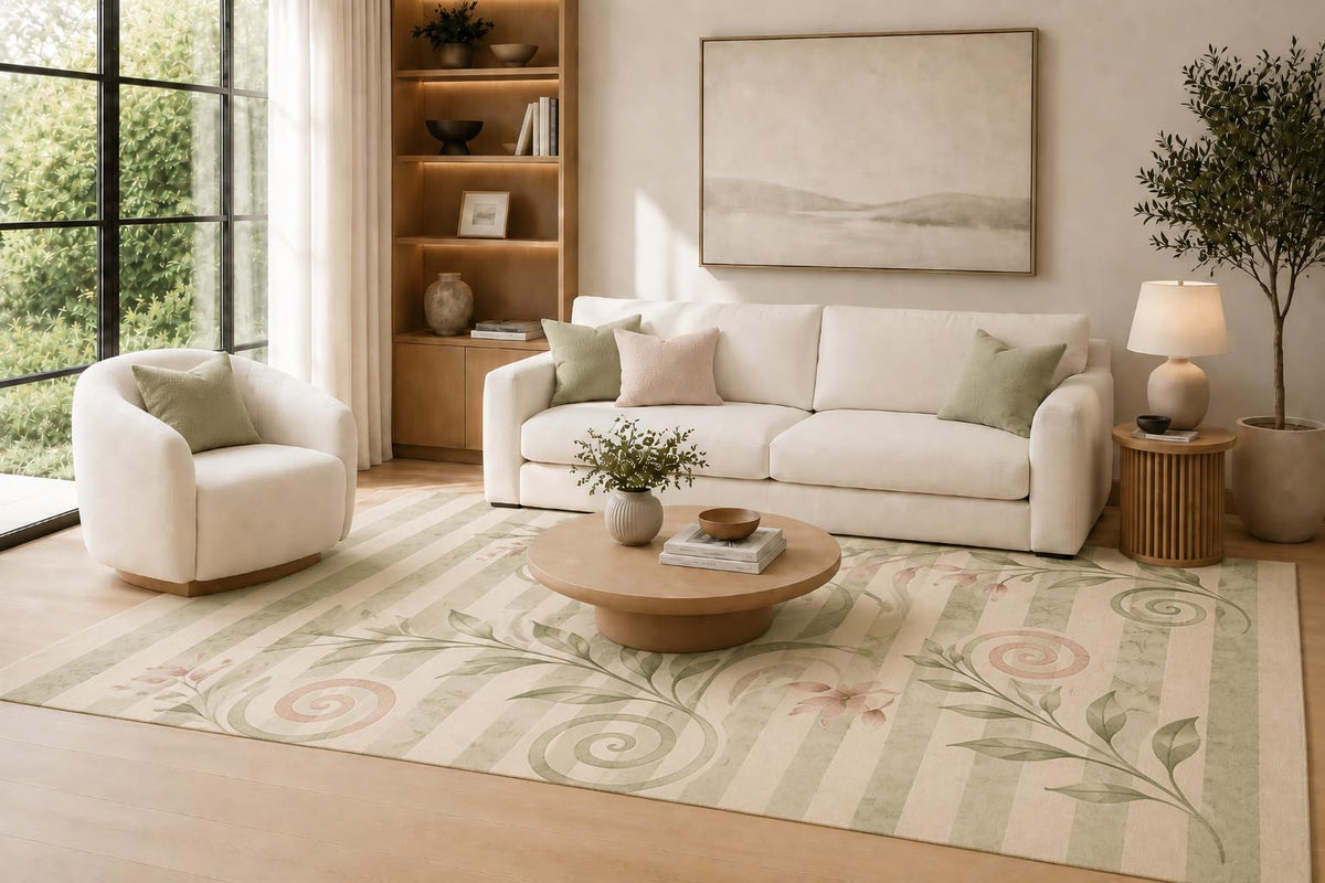 ICE ARMOR Large 6'7" x 9'10" Sage and Blush Garden Spirals Area Rug for Living Room, Soft Low Pile Carpet with Non-Slip Silicone Backing, Decor for Bedroom, Dining Area and Home Office