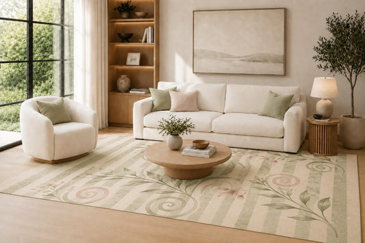 ICE ARMOR Large 6'7" x 9'10" Sage and Blush Garden Spirals Area Rug for Living Room, Soft Low Pile Carpet with Non-Slip Silicone Backing, Decor for Bedroom, Dining Area and Home Office