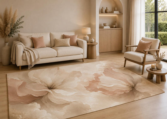 ICE ARMOR 5' x 7' Neutral Floral Area Rug with Non-Slip Silicone Backing Low Pile Soft Carpet for Living Room Bedroom Nursery Beige Watercolor Flower Decor
