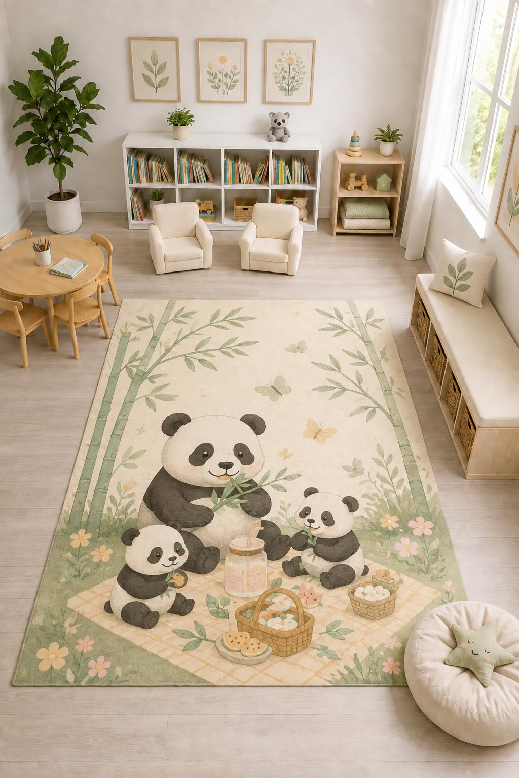 ICE ARMOR "Ultra Light Weight Large 6'7" x 9'10" Panda Family Picnic Rug, Soft Low Pile Indoor Rug, Non-Slip Silicone Backing Nursery Kids Green