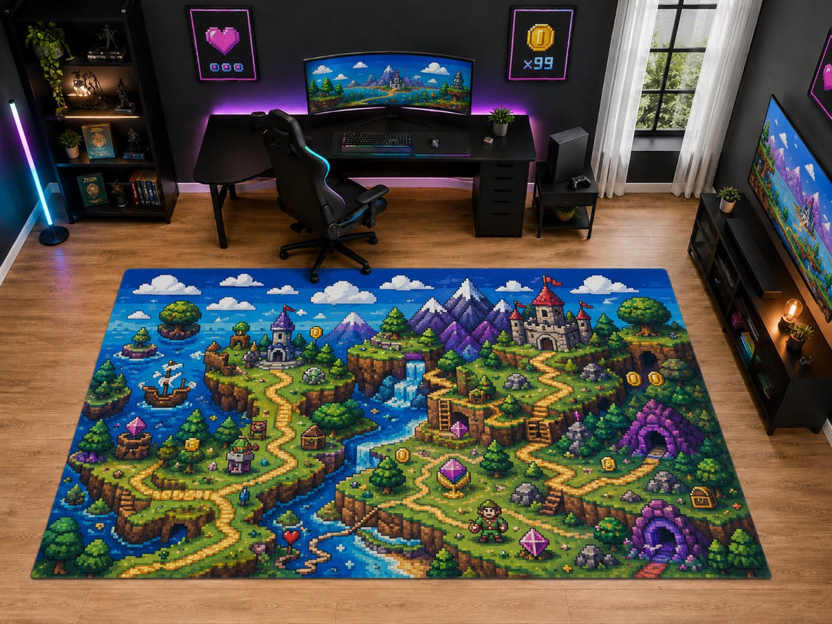 ICE ARMOR "Ultra Light Weight Large 6'7" x 9'10" Pixel Adventure Kingdom Area Rug for Kids Room Playroom, Soft Low Pile Indoor Rug and Non-Slip Silicone Backing, Blue