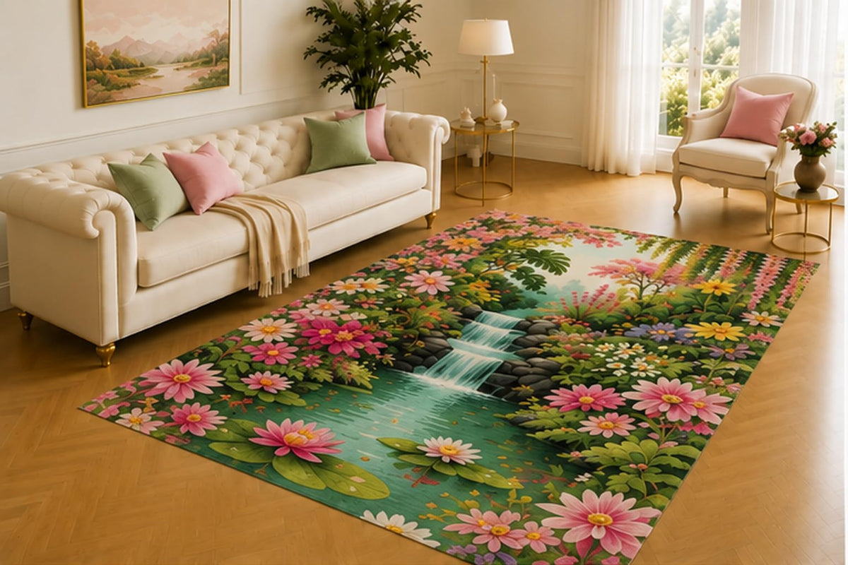 ICE ARMOR 5' x 7' Garden Waterfall Rug, Cascading Stream Surrounded by Lotus Flowers and Lush Foliage, Serene Decor for Living Room, Bedroom, Sunroom or Office