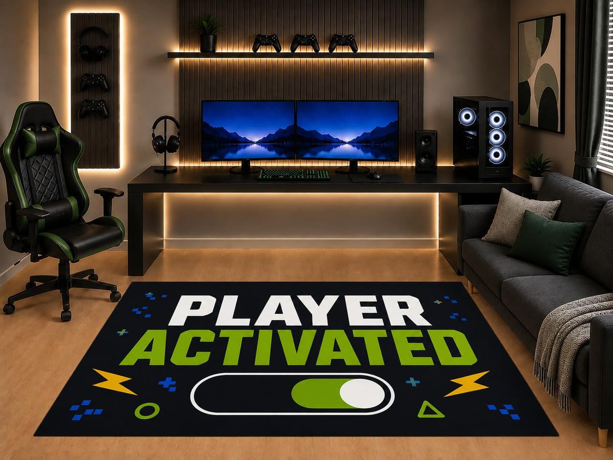 ICE ARMOR "Ultra Light Weight 5' x 7' Gamer Area Rug Player Activated Typography Gaming Switch Art for Teen Bedroom Game Room Playroom Non-Slip Silicone Backing Low Pile