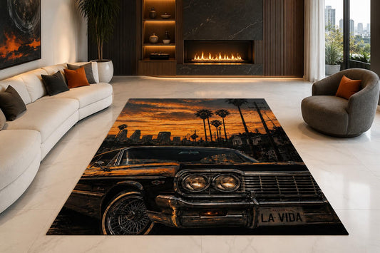 ICE ARMOR "Ultra Lightweight Large 6'7" x 9'10" Classic Car Sunset Area Rug for Living Room, Bedroom and Home Office, Soft Low Pile Carpet with Non-Slip Silicone Backing, Black and Orange