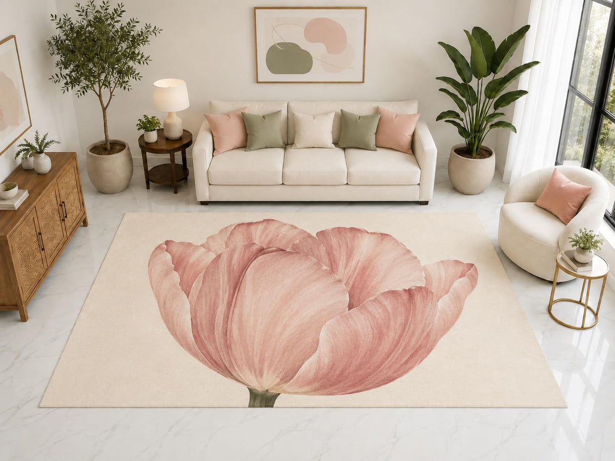 ICE ARMOR "Ultra Light Weight Large 6'7" x 9'10" Close Up Tulip Floral Rug, Soft Low Pile Indoor Rug, Non-Slip Silicone Backing for Bedroom Pink