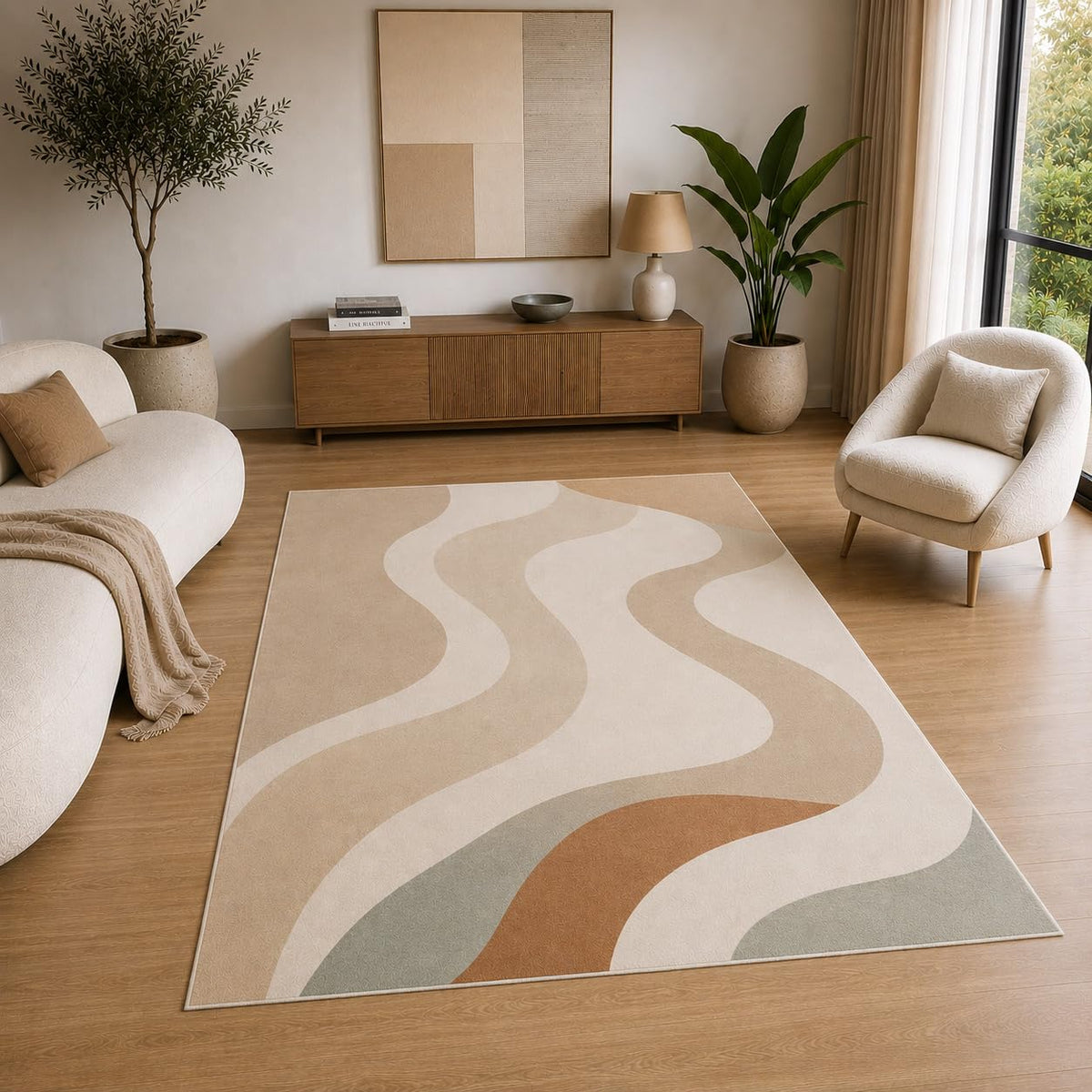 ICE ARMOR 5' x 7' Modern Wavy Abstract Area Rug for Living Room, Soft Low Pile Indoor Rug with Non-Slip Silicone Backing, Decorative Carpet for Bedroom, Office, Family Room, Beige