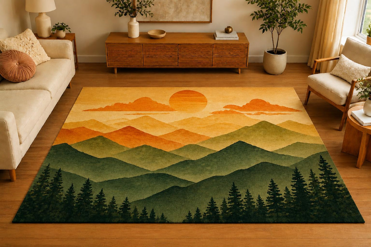 ICE ARMOR 5' x 7' Minimal Mountain Sunset Area Rug, Soft Low Pile Indoor Rug with Non-Slip Silicone Backing, Modern Nature Carpet for Living Room, Bedroom, Office, Family Room, Sage Green