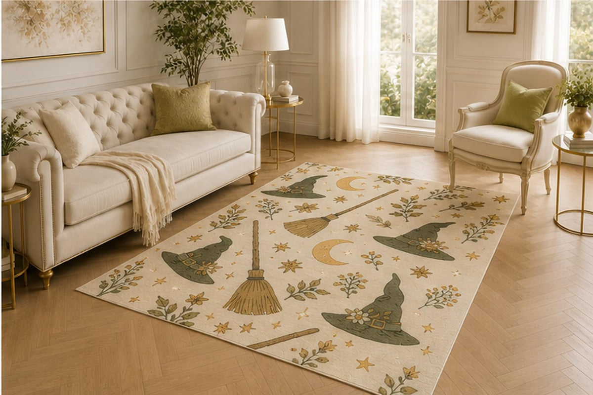 ICE ARMOR 5' x 7' Witch Hat Broom Rug, Crescent Moon Star and Herb Illustration, Washable Seasonal Carpet for Kids Room, Dorm, Hallway and Cozy Corner