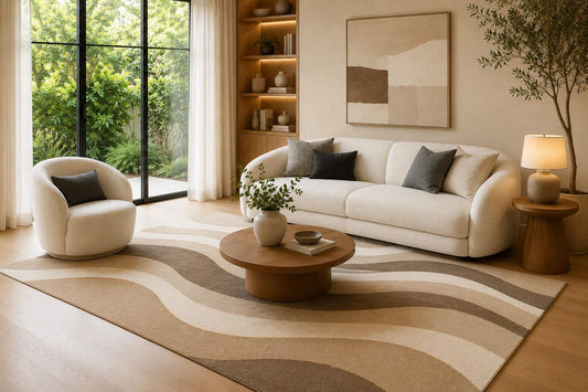 ICE ARMOR 6'7" x 9'10" Beige, Cream and Brown Layered Ribbon Waves Area Rug for Living Room, Soft Low Pile Carpet with Non-Slip Backing for Bedroom, Dining Room and Office