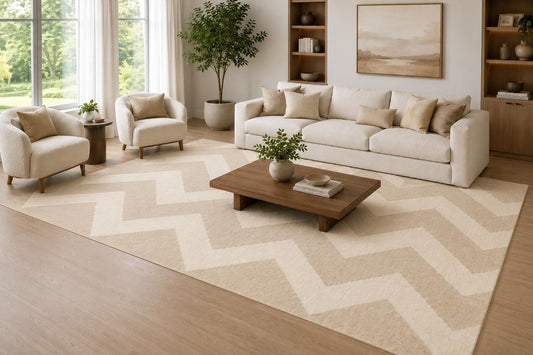 ICE ARMOR Large 6'7" x 9'10" Beige and Ivory Oversized Chevron Lines Area Rug for Living Room, Soft Low Pile Carpet with Non-Slip Silicone Backing, Decor for Bedroom and Home Office