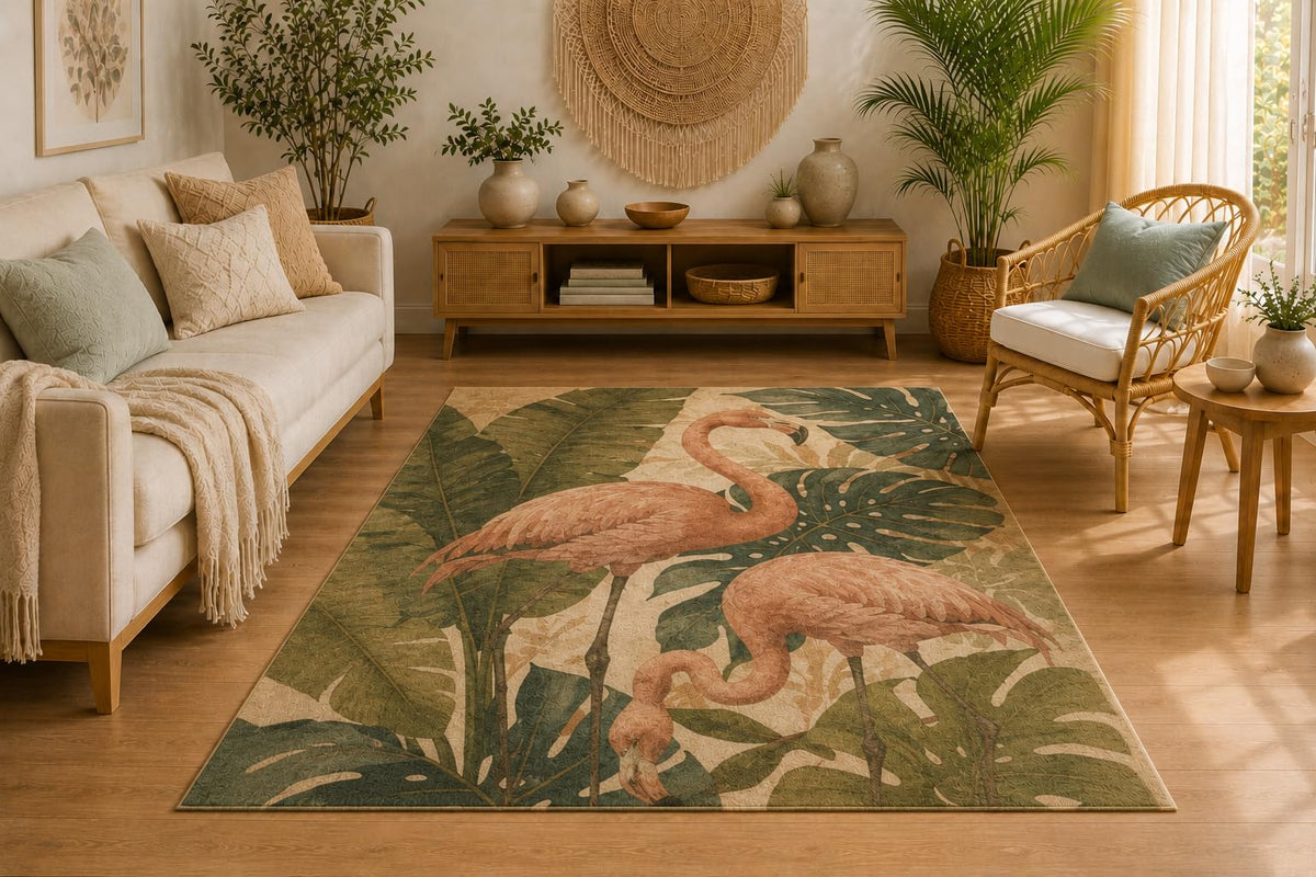 ICE ARMOR 5' x 7' Tropical Flamingo Area Rug, Soft Low Pile Indoor Rug with Non-Slip Silicone Backing, Decorative Carpet for Living Room, Bedroom, Office