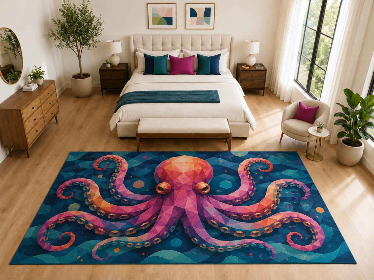 ICE ARMOR "Ultra Light Weight Large 6'7" x 9'10" Pink Octopus Rug, Soft Low Pile Indoor Rug, Non-Slip Silicone Backing for Kids Room Blue