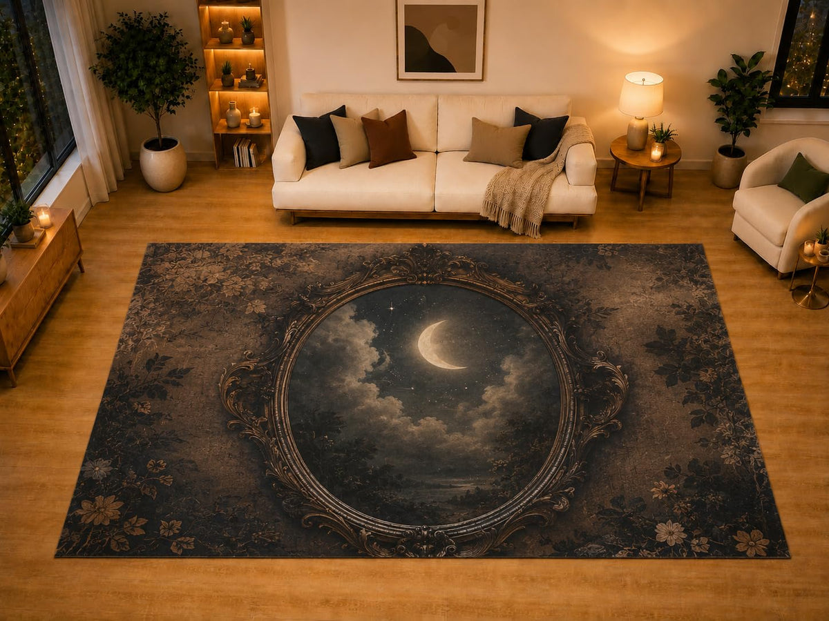 ICE ARMOR "Ultra Light Weight Large 6'7" x 9'10" Crescent Moon Ornate Mirror Area Rug for Living Room Bedroom, Soft Low Pile Non-Slip Backing, Brown Black Gothic Victorian Decor