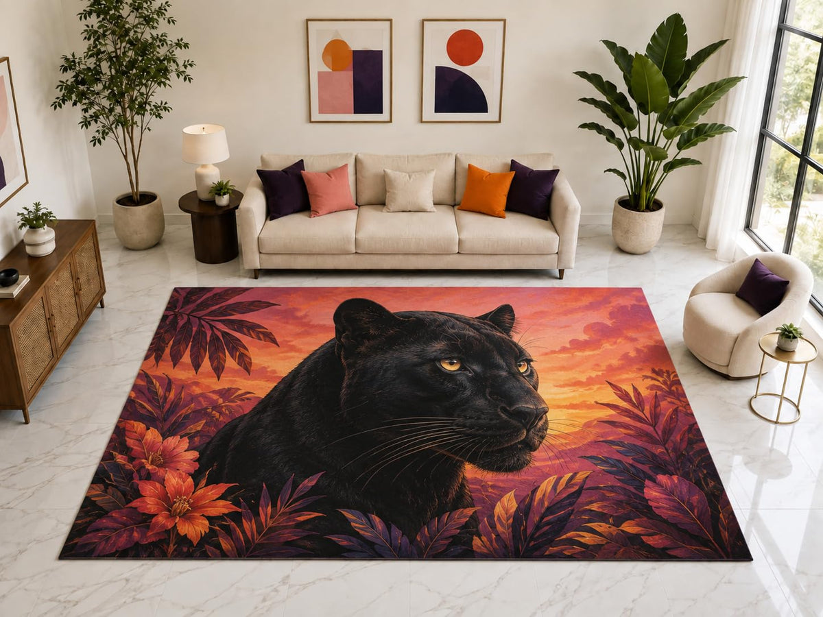ICE ARMOR "Ultra Light Weight Large 6'7" x 9'10" Sunset Black Panther Rug, Soft Low Pile Indoor Rug, Non-Slip Silicone Backing for Bedroom Orange