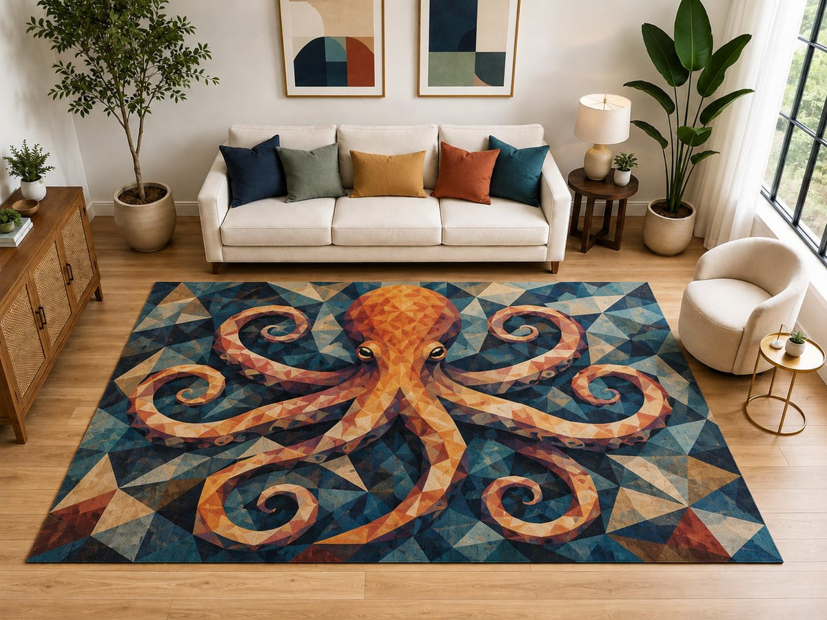 ICE ARMOR "Ultra Light Weight Large 6'7" x 9'10" Geometric Octopus Rug, Soft Low Pile Indoor Rug, Non-Slip Silicone Backing for Living Room Blue