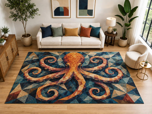 ICE ARMOR "Ultra Light Weight Large 6'7" x 9'10" Geometric Octopus Rug, Soft Low Pile Indoor Rug, Non-Slip Silicone Backing for Living Room Blue