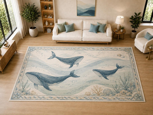 ICE ARMOR "Ultra Light Weight Large 6'7" x 9'10" Whale Coastal Ocean Decor, Living Room, Bedroom, Dining Room, Office, Family Room, Soft Low Pile Indoor Rug, Non-Slip Silicone Backing, Blue
